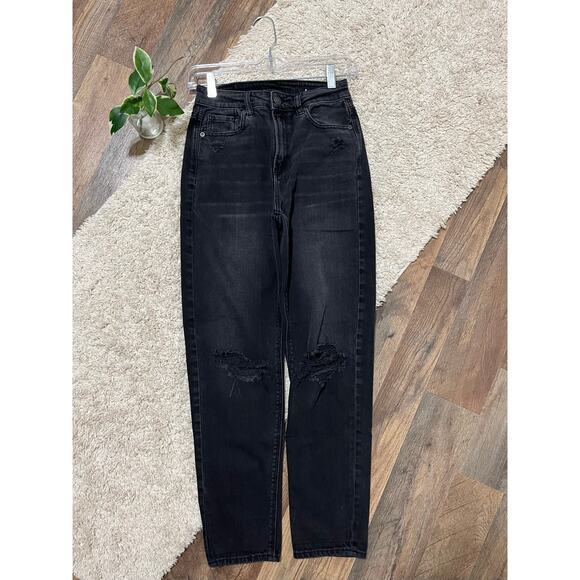 American Eagle Size 00 Black Distressed High Rise Mom Straight Jeans - Picture 1 of 7